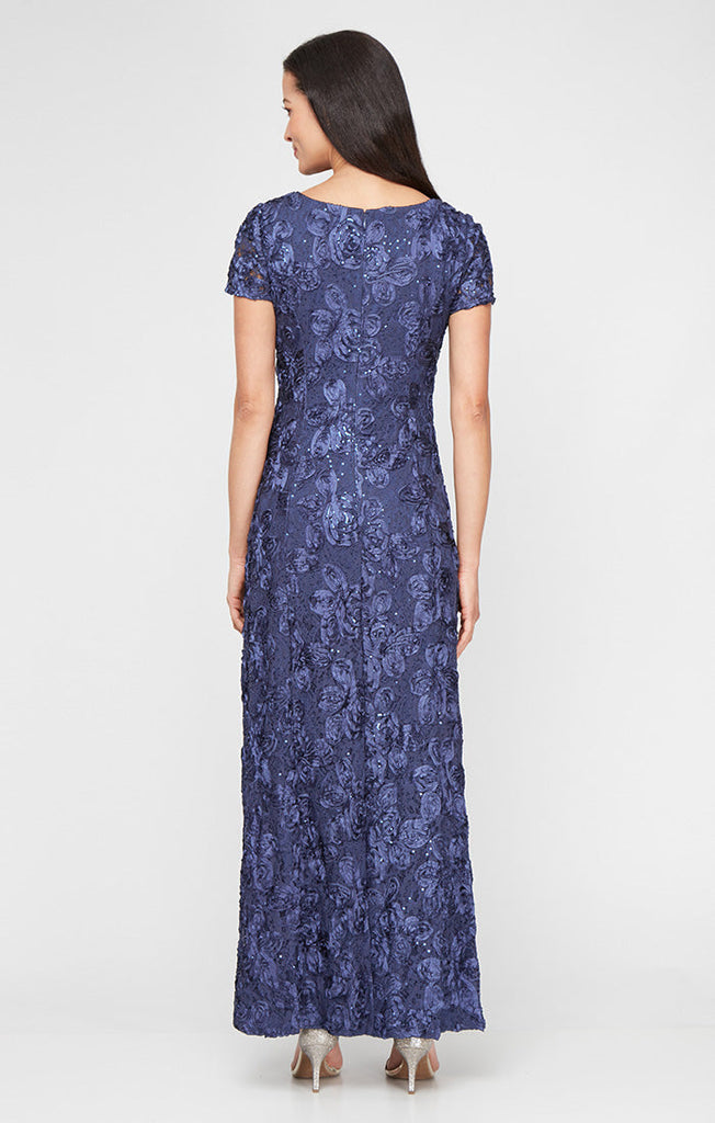 Rosette A-Line Gown with Sequin Detail & Short Illusion Sleeves
