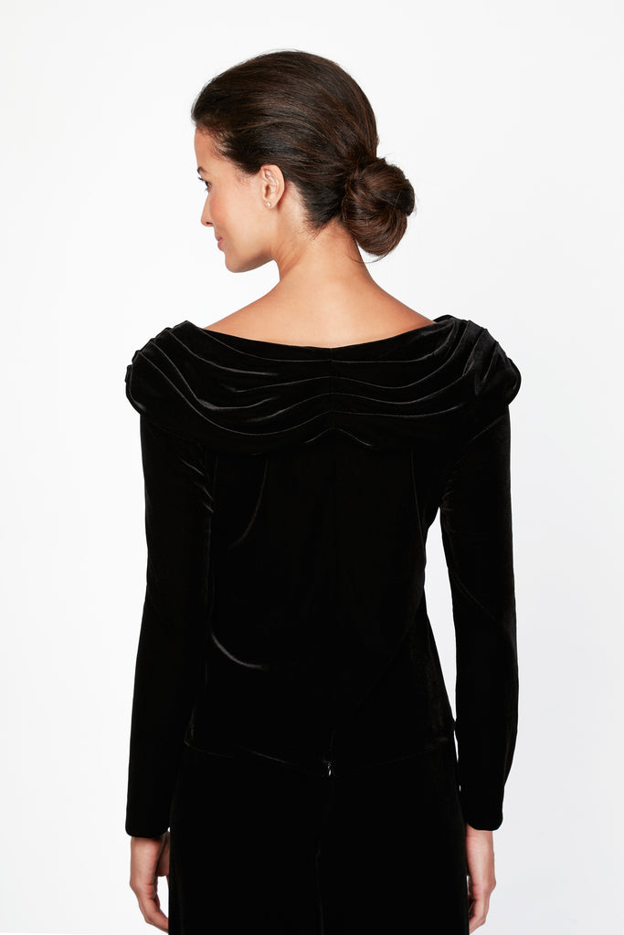 Long Sleeve Velvet Blouse with Ruched Collar Neckline & Decorative Broach