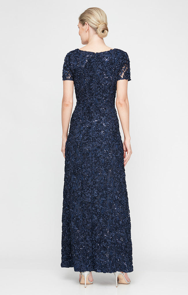 Soutache Sequin Lace A-Line Dress with Short Sleeves and Illusion Neckline