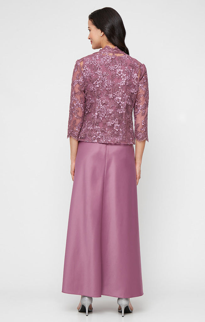 Long Embroidered Tulle Mock Jacket Dress with Open Scallop Detail Jacket and Satin Skirt