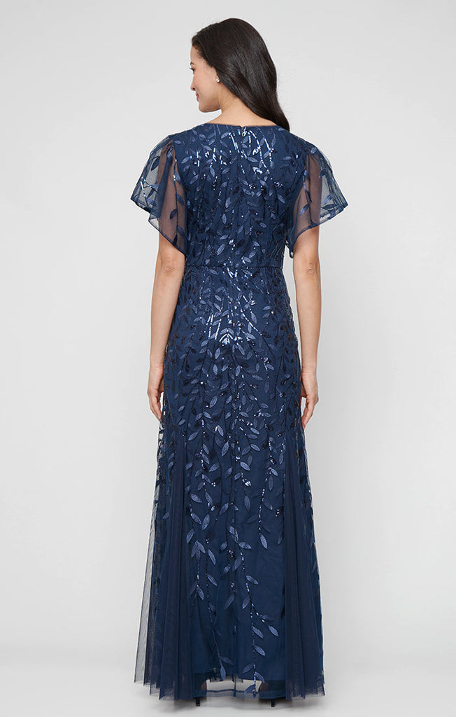 Long Embroidered Tulle Mermaid Dress with V-Neckline and Illusion Flutter Sleeves