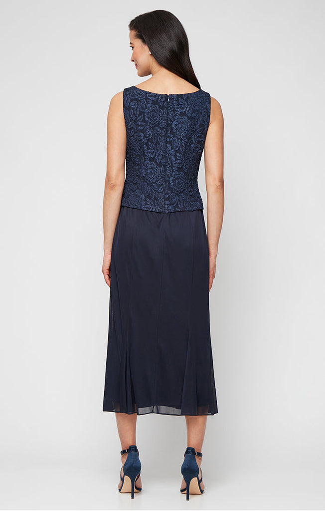 Tea Length Textured Jacquard Mock Jacket Dress with Scoop Neck Bodice