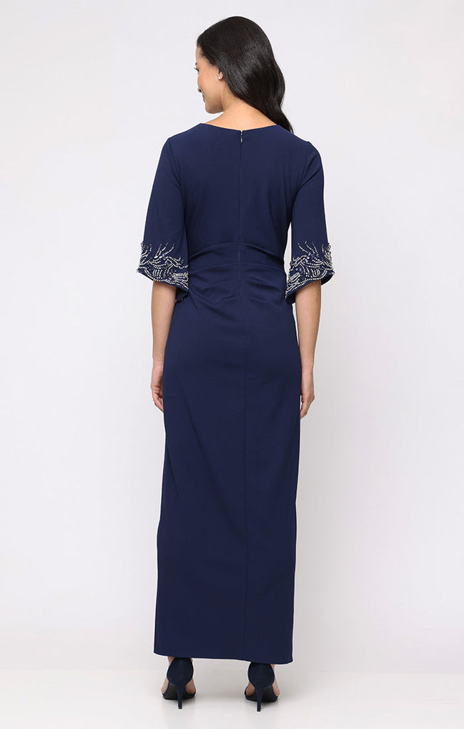 Long Stretch Crepe Column Dress with Surplice Neckline, Gathered Waist Detail and Heat Set Sleeves