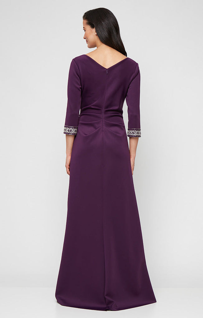 Long Stretch Scuba Crepe Dress with Surplice Neckline, Embellished Sleeve Detail and Tulip Overlay Cascade Skirt