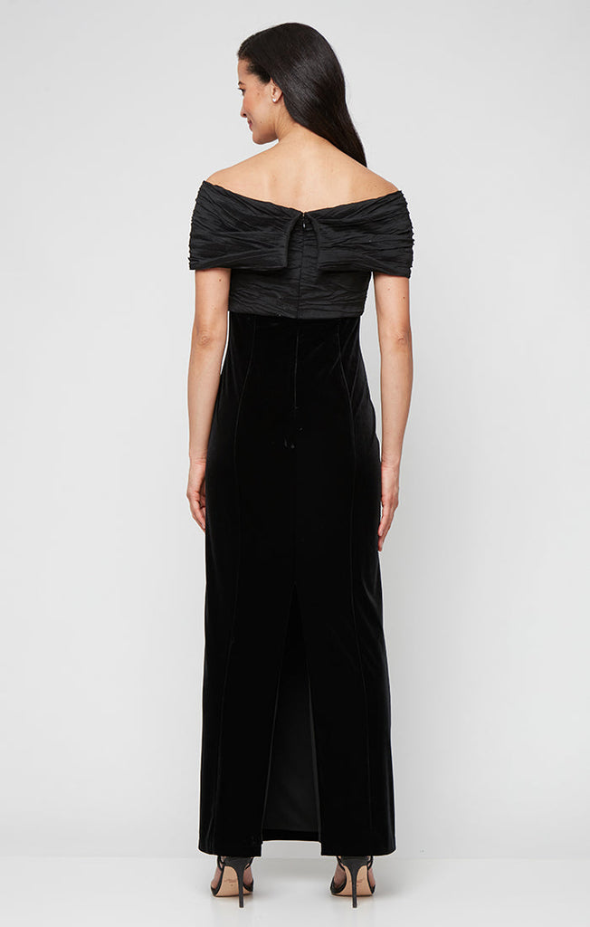 Long Stretch Velvet Sheath Dress with Taffeta Twist Off the Shoulder Neckline