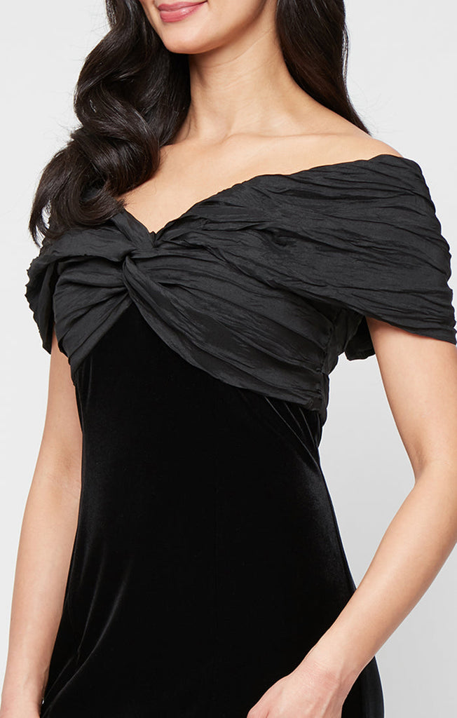 Long Stretch Velvet Sheath Dress with Taffeta Twist Off the Shoulder Neckline