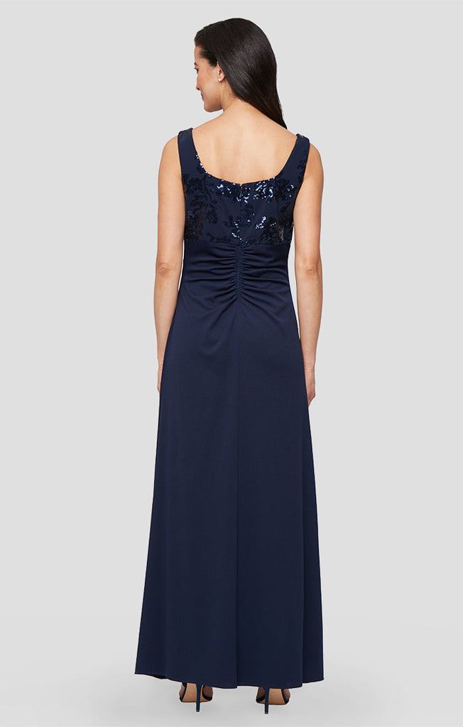 Long Scuba Crepe Jacket Dress with Sequin Bodice & Collared Jacket, Square Neckline and Front Slit