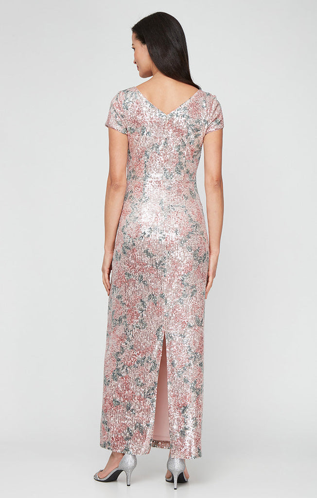 Printed Stretch Sequin Column Dress with Short Sleeves and Ruched Waist