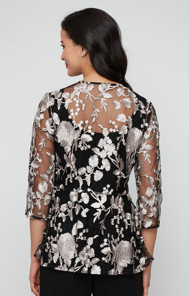 3/4 Sleeve Embroidered Tulle Twinset with Scoop Neck Tank and Elongated Center Front Closure Jacket