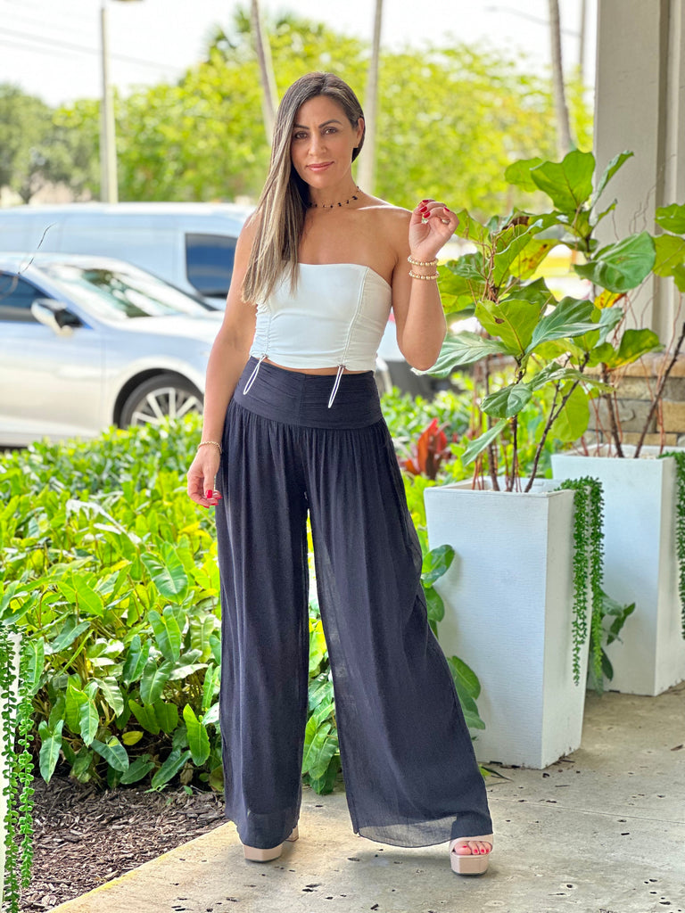 "Nova" High Waisted Shirred Wide Leg Flowy Pants