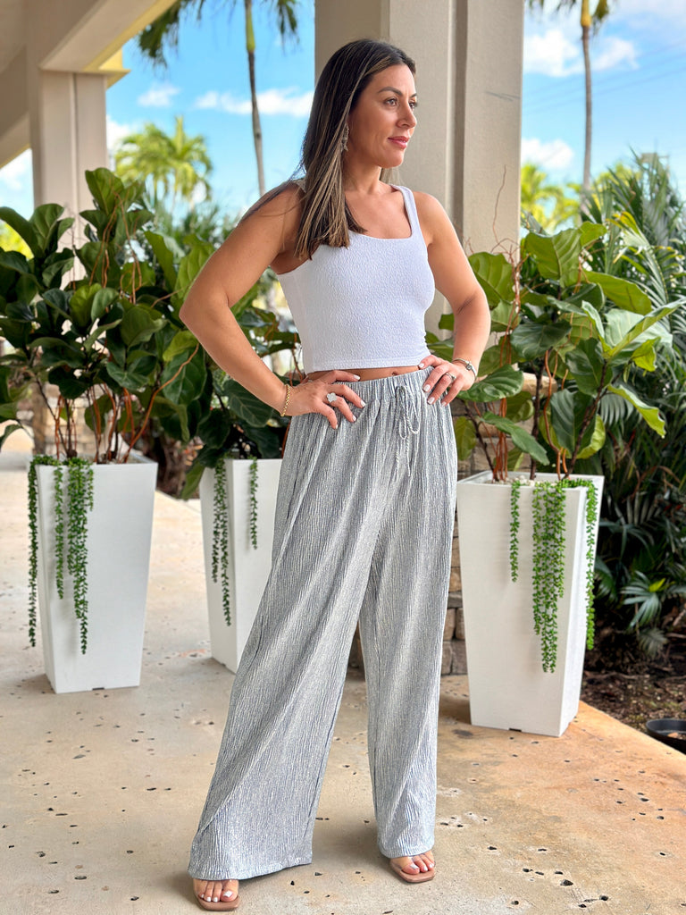 "Tricie" High Waisted Flare Legs Metallic Pants