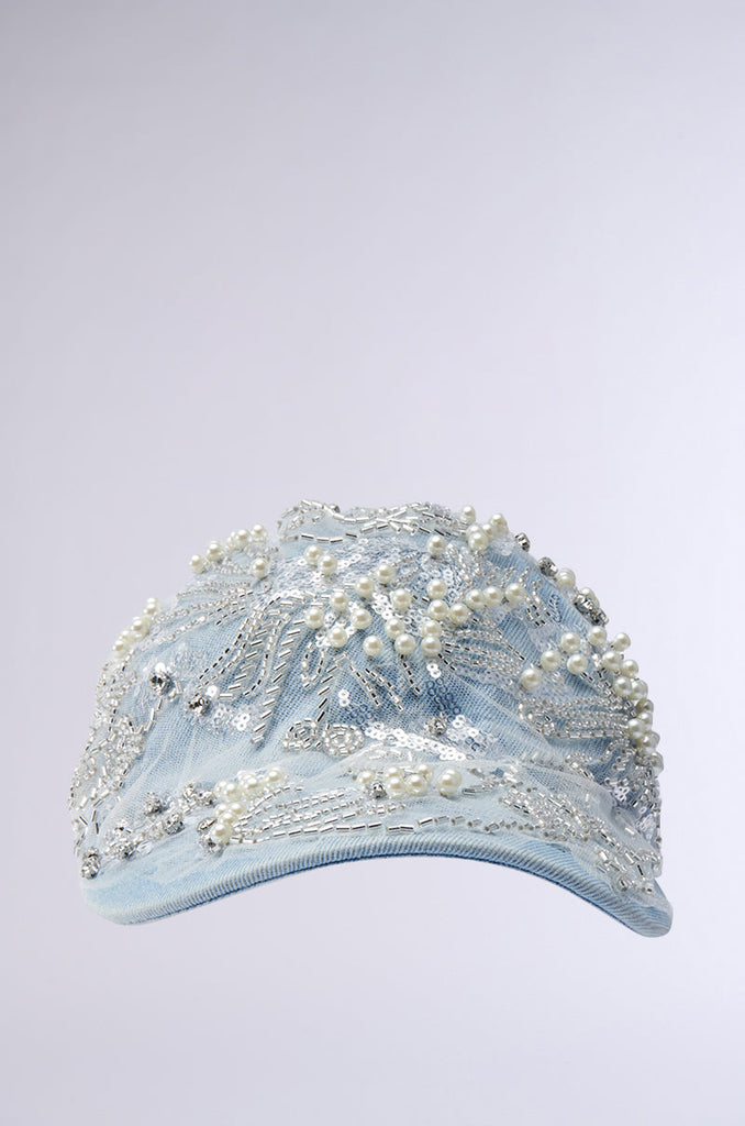 BLESSING IN DENIM EMBELLISHED BASEBALL HAT