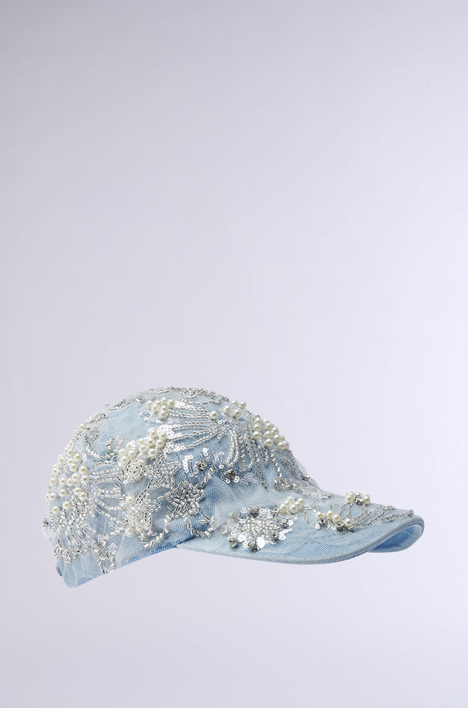 BLESSING IN DENIM EMBELLISHED BASEBALL HAT