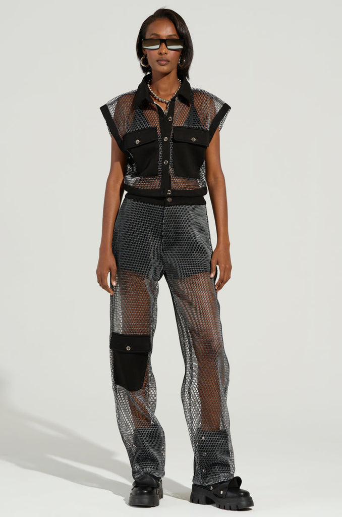 STEPHANIA TRANSPARENT BUTTON DOWN SHIRT IN BLACK