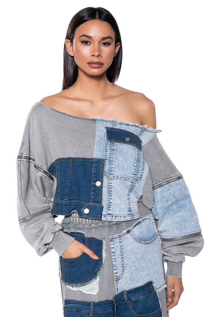 DENIM DREAMS ZIPPER DETAIL SWEATSHIRT