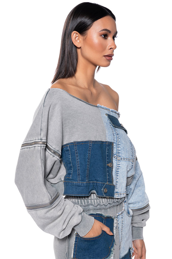 DENIM DREAMS ZIPPER DETAIL SWEATSHIRT