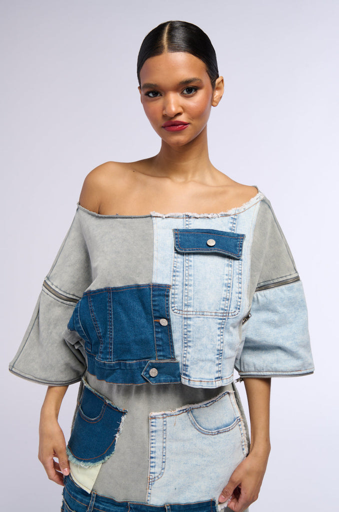 DENIM DREAMS ZIPPER DETAIL SWEATSHIRT