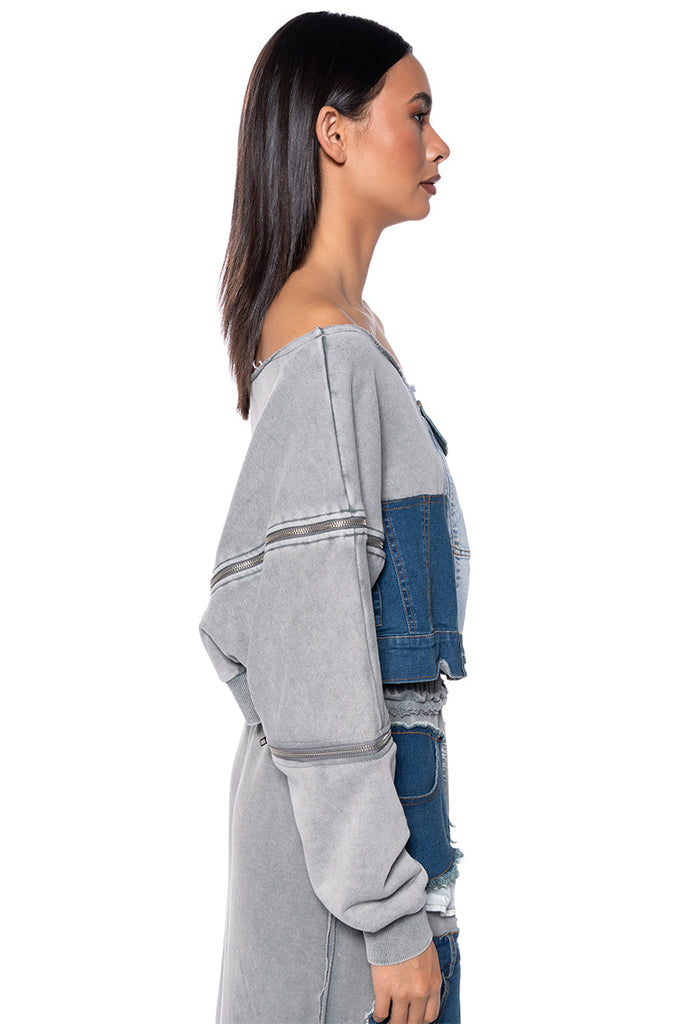 DENIM DREAMS ZIPPER DETAIL SWEATSHIRT