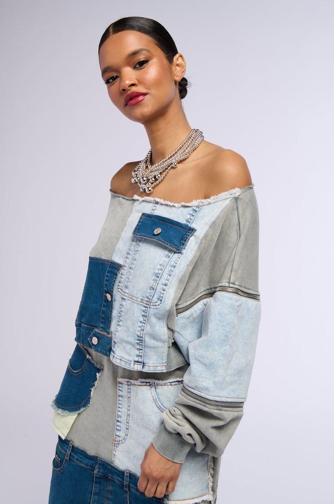 DENIM DREAMS ZIPPER DETAIL SWEATSHIRT