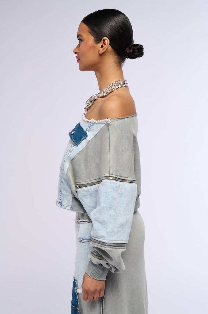 DENIM DREAMS ZIPPER DETAIL SWEATSHIRT