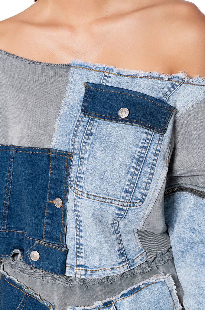 DENIM DREAMS ZIPPER DETAIL SWEATSHIRT