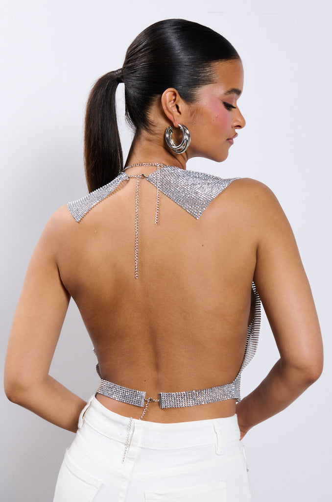 GLISTEN OPEN BACK RHINESTONE CHAIN MAIL TOP