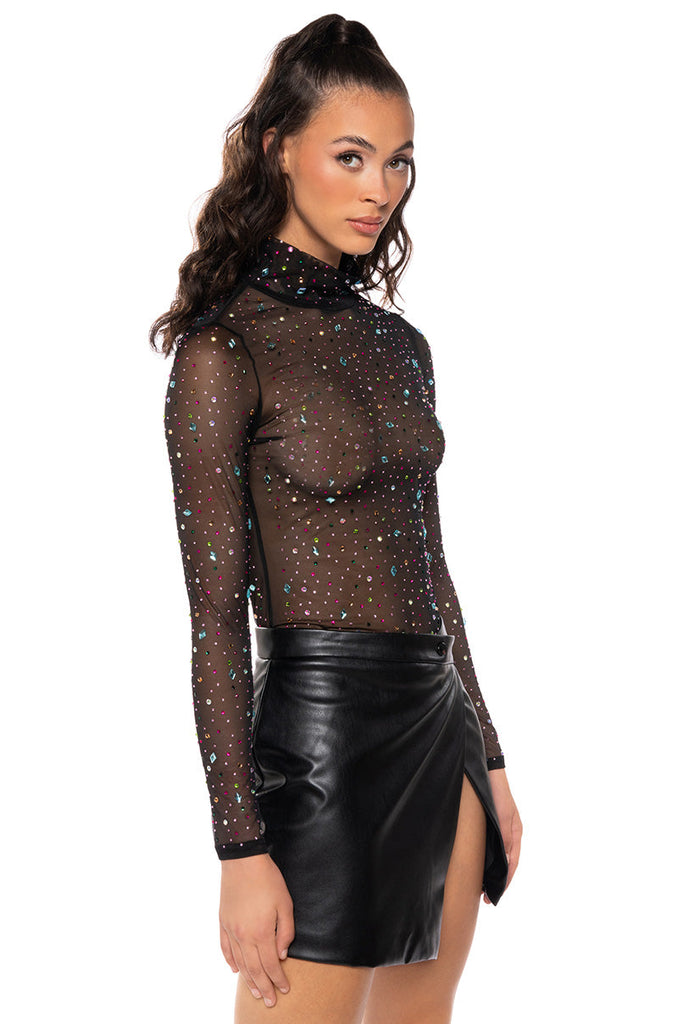 GLITZ AND GLAM LONG SLEEVE EMBELLISHED MESH TOP
