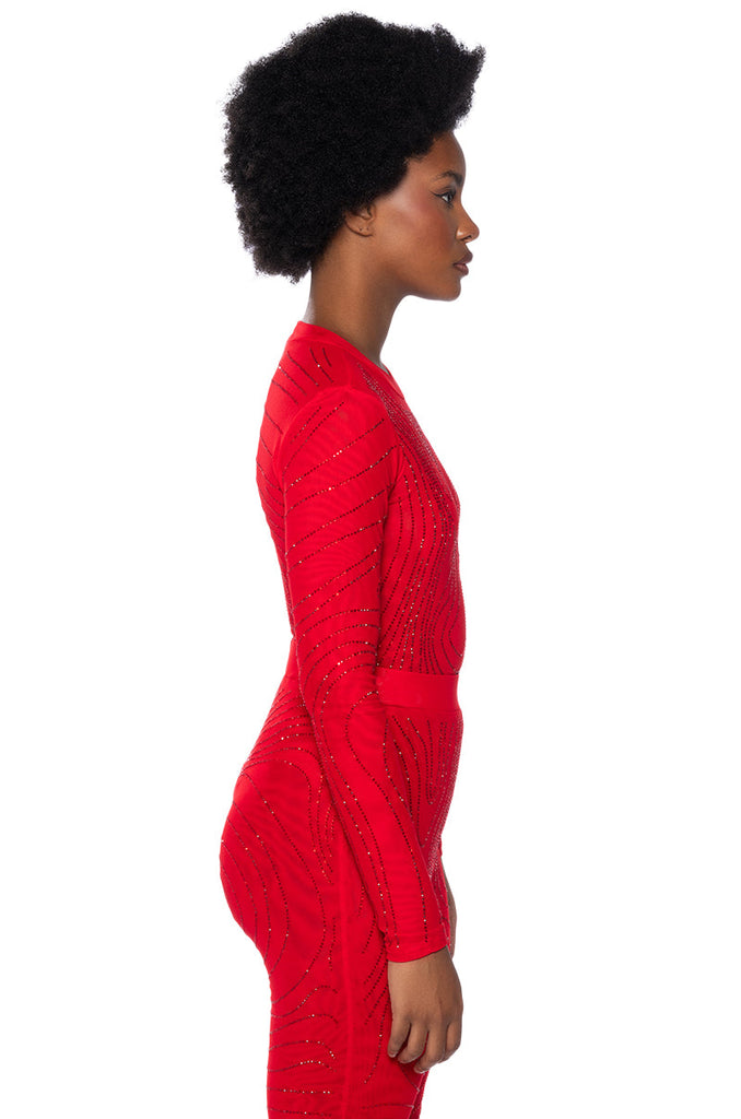 SASHA EMBELLISHED MESH LONG SLEEVE BODYSUIT